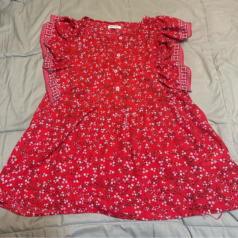 Max Studio Red Floral Blouse with Ruffle Detail